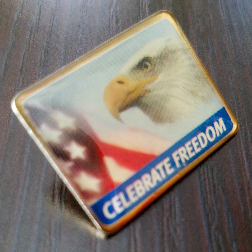 Patriotic Tie Tack "Celebrate Freedom" Lapel Pin Eagle American Flag Pinback